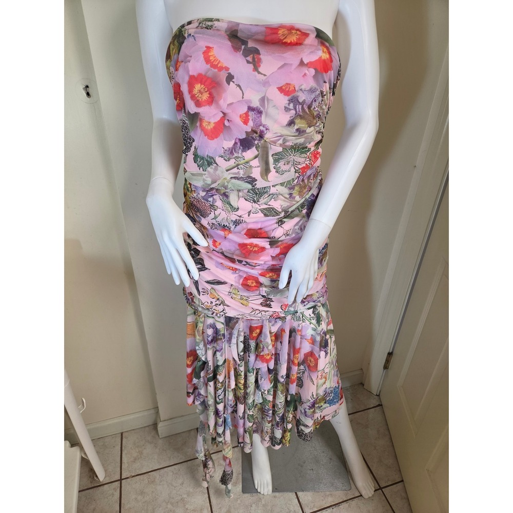 Desigual x M. Christian Lacroix Pink Floral Ruched Strapless Midi Dress L NEW
